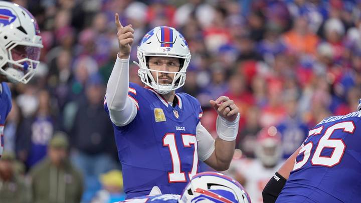 Buffalo Bills quarterback Josh Allen signals to the offensive line during first half action against the Kansas City Chiefs at Highmark Stadium in Orchard Park on Nov. 2, 2025. Buffalo Bills quarterback Josh Allen signals to the offensive line during first half action against the Kansas City Chiefs at Highmark Stadium in Orchard Park on Nov. 2, 2025.