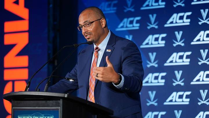 Jul 15, 2026; Charlotte, NC, USA; Virginia head coach Tony Elliott speaks to the media during ACC Media Days at Hilton Charlotte Uptown. Mandatory Credit: Jim Dedmon-Imagn Images Jul 15, 2026; Charlotte, NC, USA; Virginia head coach Tony Elliott speaks to the media during ACC Media Days at Hilton Charlotte Uptown. Mandatory Credit: Jim Dedmon-Imagn Images