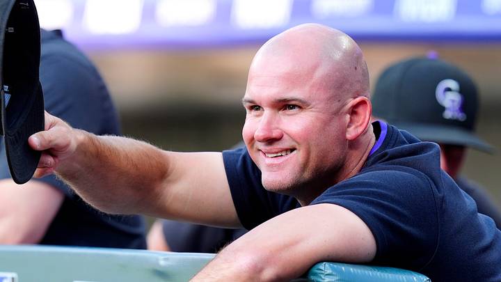 Rockies manager Warren Schaeffer (4) before the start of the first inning against the Marlins. Credit: Ron Chenoy-Imagn 