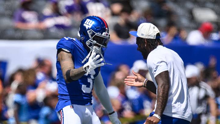 Aug 15, 2026; East Rutherford, New Jersey, USA; New York Giants wide receiver Odell Beckham Jr. (3) and wide receiver Malik Nabers (1) slap hands during warm ups before the game against the Minnesota Vikings at MetLife Stadium. Aug 15, 2026; East Rutherford, New Jersey, USA; New York Giants wide receiver Odell Beckham Jr. (3) and wide receiver Malik Nabers (1) slap hands during warm ups before the game against the Minnesota Vikings at MetLife Stadium.