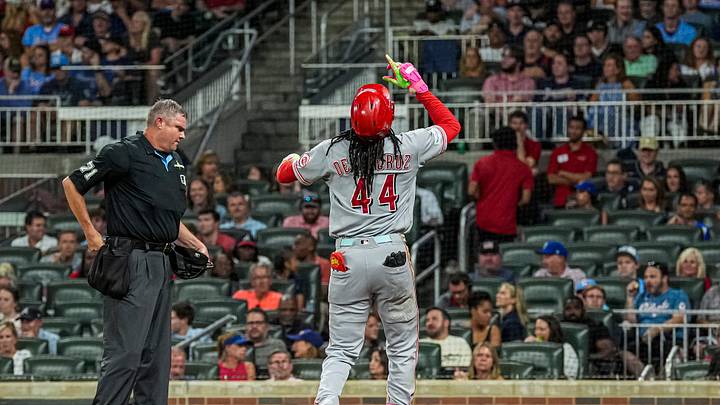 Sep 22, 2026; Cumberland, Georgia, USA; Cincinnati Reds shortstop Elly De La Cruz (44) reacts after hitting a home run against the Atlanta Braves during the third inning at Truist Park. Mandatory Credit: Dale Zanine-Imagn Images Sep 22, 2026; Cumberland, Georgia, USA; Cincinnati Reds shortstop Elly De La Cruz (44) reacts after hitting a home run against the Atlanta Braves during the third inning at Truist Park. Mandatory Credit: Dale Zanine-Imagn Images
