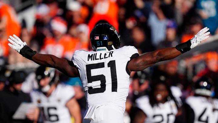 Dec 21, 2025; Denver, Colorado, USA; Jacksonville Jaguars linebacker Ventrell Miller (51) reacts during the first half at Empower Field at Mile High. Mandatory Credit: Ron Chenoy-Imagn Images