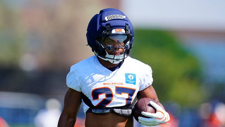 Jul 31, 2026; Englewood, CO, USA; Denver Broncos running back J.K. Dobbins (27) during training camp at Broncos Park. Mandatory Credit: Ron Chenoy-Imagn Images Jul 31, 2026; Englewood, CO, USA; Denver Broncos running back J.K. Dobbins (27) during training camp at Broncos Park. Mandatory Credit: Ron Chenoy-Imagn Images