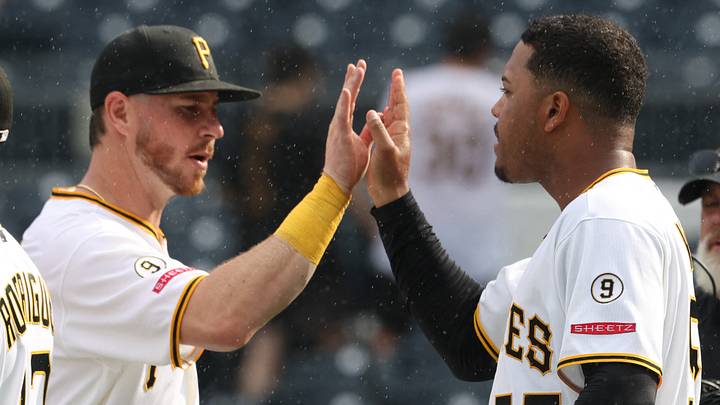 Jun 28, 2026; Pittsburgh, Pennsylvania, USA; Pittsburgh Pirates first baseman Ryan O'Hearn (29) and right fielder Esmerlyn Valdez (55) celebrate after defeating the Cincinnati Reds at PNC Park. Mandatory Credit: Charles LeClaire-Imagn Images Jun 28, 2026; Pittsburgh, Pennsylvania, USA; Pittsburgh Pirates first baseman Ryan O'Hearn (29) and right fielder Esmerlyn Valdez (55) celebrate after defeating the Cincinnati Reds at PNC Park. Mandatory Credit: Charles LeClaire-Imagn Images