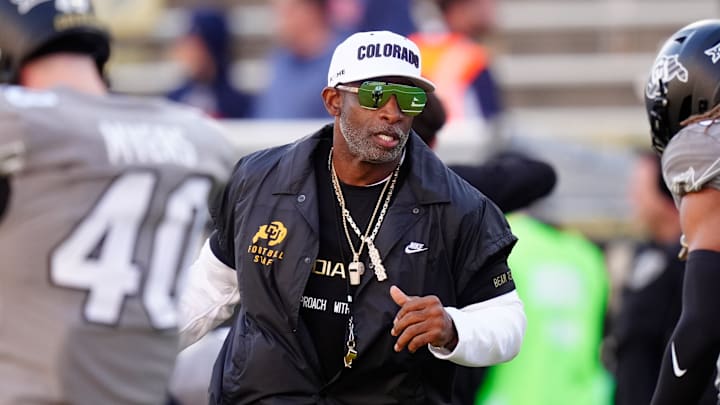 Nov 1, 2025; Boulder, Colorado, USA; Colorado Buffaloes head coach Deion Sanders before the game against the Arizona Wildcats at Folsom Field. Mandatory Credit: Ron Chenoy-Imagn Images