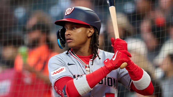 Aug 8, 2025; San Francisco, California, USA; Washington Nationals shortstop CJ Abrams (5) waits in the on-deck circle against the San Francisco Giants during the fourth inning at Oracle Park. Mandatory Credit: Robert Edwards-Imagn Images Aug 8, 2025; San Francisco, California, USA; Washington Nationals shortstop CJ Abrams (5) waits in the on-deck circle against the San Francisco Giants during the fourth inning at Oracle Park. Mandatory Credit: Robert Edwards-Imagn Images