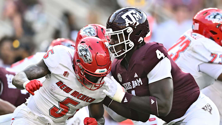 Sep 2, 2023; College Station, Texas, USA; Texas A&M Aggies defensive lineman Shemar Stewart (4) and New Mexico Lobos running back Jacory Croskey-Merritt (5) in action during the first half at Kyle Field. Mandatory Credit: Maria Lysaker-USA TODAY Sports