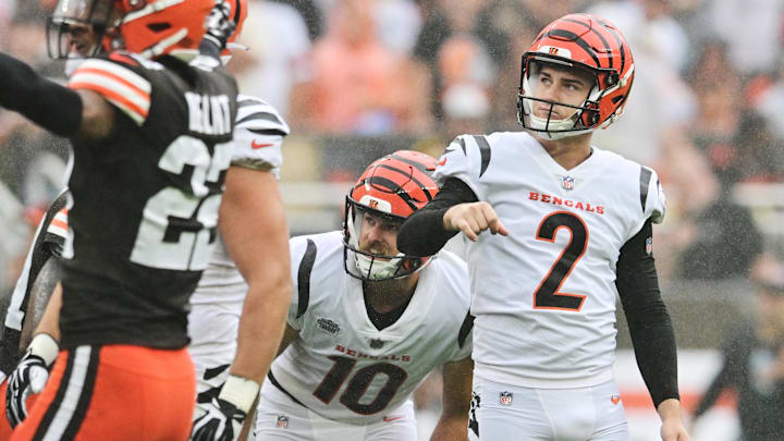 Sep 10, 2023; Cleveland, Ohio, USA; Cincinnati Bengals place kicker Evan McPherson (2) reacts after