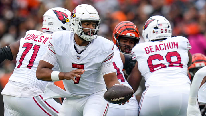 Arizona Cardinals quarterback Jacoby Brissett (7) drops back in the second quarter of the NFL Week 17 game between the Cincinnati Bengals and the Arizona Cardinals at Paycor Stadium in Downtown Cincinnati on Sunday, Dec. 28, 2025. The Bengals led 23-7 at halftime.