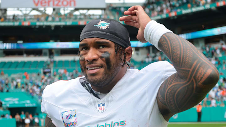 Miami Dolphins quarterback Tua Tagovailoa (1) reacts after the game against the Los Angeles Chargers at Hard Rock Stadium.