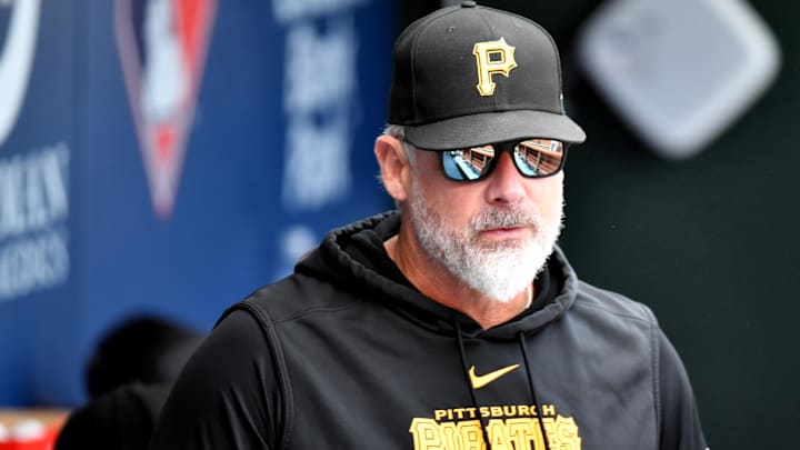 Apr 14, 2024; Philadelphia, Pennsylvania, USA; Pittsburgh Pirates manager Derek Shelton (17) against the Philadelphia Phillies at Citizens Bank Park. Mandatory Credit: Eric Hartline-Imagn Images