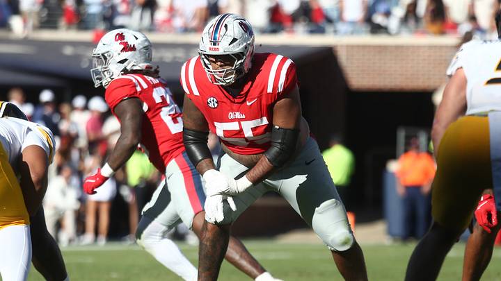 Oct 17, 2026; Oxford, Mississippi, USA; Mississippi Rebels offensive lineman Terez Davis (55) lines up during the second quarter against the Missouri Tigers at Vaught-Hemingway Stadium. Mandatory Credit: Petre Thomas-Imagn Images Oct 17, 2026; Oxford, Mississippi, USA; Mississippi Rebels offensive lineman Terez Davis (55) lines up during the second quarter against the Missouri Tigers at Vaught-Hemingway Stadium. Mandatory Credit: Petre Thomas-Imagn Images