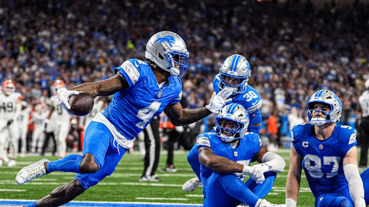Detroit Lions cornerback D.J. Reed celebrates an interception against the Cleveland Browns during the first half at Ford Field in Detroit on Sunday, Sept. 28, 2025. Detroit Lions cornerback D.J. Reed celebrates an interception against the Cleveland Browns during the first half at Ford Field in Detroit on Sunday, Sept. 28, 2025.
