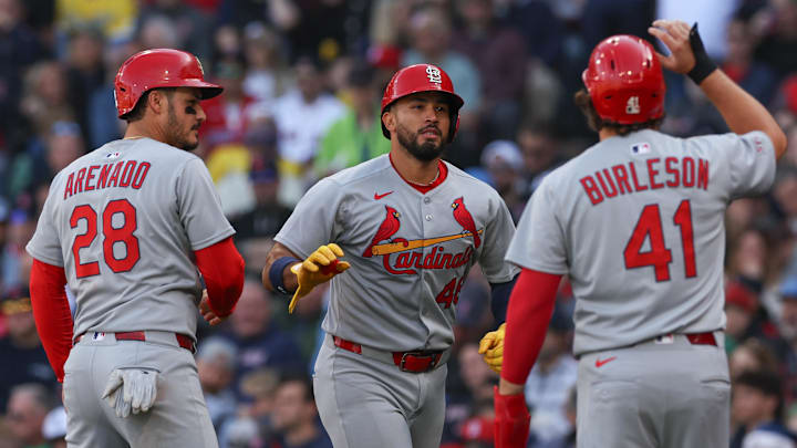 Apr 4, 2025; Boston, Massachusetts, USA; St. Louis Cardinals catcher Ivan Herrera (48) celebrates after hitting a three run home run during the fourth inning against the Boston Red Sox at Fenway Park. Mandatory Credit: Paul Rutherford-Imagn Images