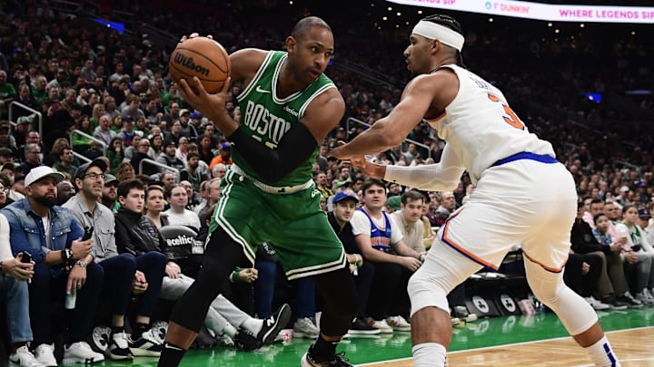 Feb 23, 2025; Boston, Massachusetts, USA; Boston Celtics center Al Horford (42) controls the ball while New York Knicks guard Josh Hart (3) defends during the second half at TD Garden. Mandatory Credit: Bob DeChiara-Imagn Images Feb 23, 2025; Boston, Massachusetts, USA; Boston Celtics center Al Horford (42) controls the ball while New York Knicks guard Josh Hart (3) defends during the second half at TD Garden. Mandatory Credit: Bob DeChiara-Imagn Images