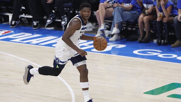 May 22, 2025; Oklahoma City, Oklahoma, USA; Minnesota Timberwolves guard Anthony Edwards (5) dribbles against the Oklahoma City Thunder in the second quarter during game two of the western conference finals for the 2025 NBA Playoffs at Paycom Center. Mandatory Credit: Alonzo Adams-Imagn Images May 22, 2025; Oklahoma City, Oklahoma, USA; Minnesota Timberwolves guard Anthony Edwards (5) dribbles against the Oklahoma City Thunder in the second quarter during game two of the western conference finals for the 2025 NBA Playoffs at Paycom Center. Mandatory Credit: Alonzo Adams-Imagn Images