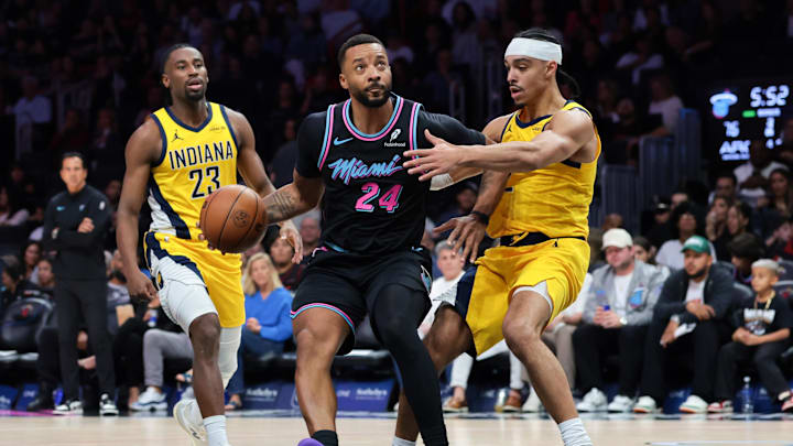 Dec 27, 2025; Miami, Florida, USA; Miami Heat guard Norman Powell (24) drives to the basket against Indiana Pacers guard Andrew Nembhard (2) during the second half at Kaseya Center. Mandatory Credit: Sam Navarro-Imagn Images Dec 27, 2025; Miami, Florida, USA; Miami Heat guard Norman Powell (24) drives to the basket against Indiana Pacers guard Andrew Nembhard (2) during the second half at Kaseya Center. Mandatory Credit: Sam Navarro-Imagn Images