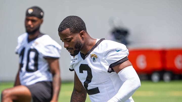Jacksonville Jaguars cornerback Jourdan Lewis (2) stretches during the fourth organized team activity at the Miller Electric Center in Jacksonville, Fla. Tuesday, May 27, 2025. [Doug Engle/Florida Times-Union]