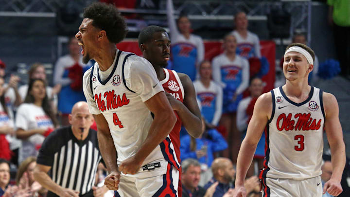 Mar 1, 2025; Oxford, Mississippi, USA; Mississippi Rebels forward Jaemyn Brakefield (4) and guard Sean Pedulla (3) react during the second half against the Oklahoma Sooners at The Sandy and John Black Pavilion at Ole Miss. Mandatory Credit: Petre Thomas-Imagn Images