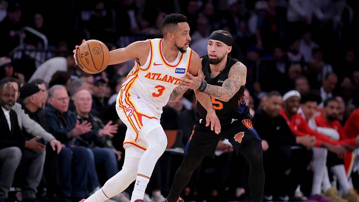 Apr 28, 2026; New York, New York, USA; Atlanta Hawks guard CJ McCollum (3) controls the ball against New York Knicks guard Jose Alvarado (5) during the second quarter of game five of the first round of the 2026 NBA Playoffs at Madison Square Garden. Mandatory Credit: Brad Penner-Imagn Images Apr 28, 2026; New York, New York, USA; Atlanta Hawks guard CJ McCollum (3) controls the ball against New York Knicks guard Jose Alvarado (5) during the second quarter of game five of the first round of the 2026 NBA Playoffs at Madison Square Garden. Mandatory Credit: Brad Penner-Imagn Images
