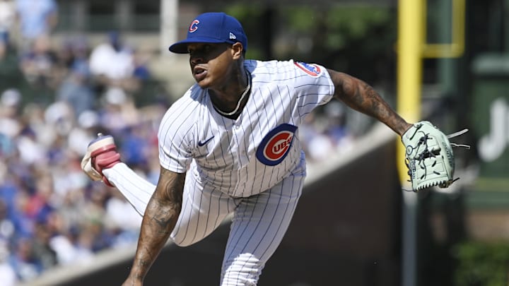 Sep 23, 2023; Chicago, Illinois, USA; Chicago Cubs starting pitcher Marcus Stroman (0) pitches during a game at Wrigley Field