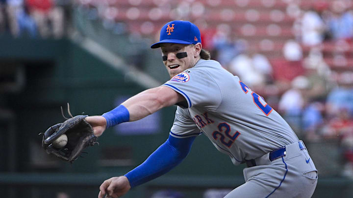 May 6, 2024; St. Louis, Missouri, USA;  New York Mets third baseman Brett Baty (22) fields a ground