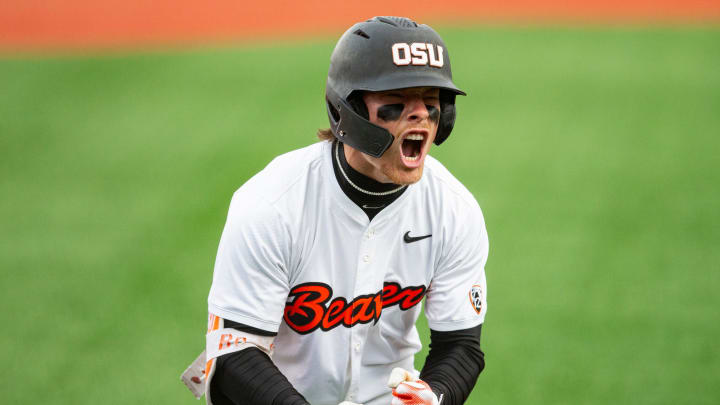 Oregon State's Travis Bazzana (37) celebrates after hitting the team's second solo home run during an NCAA college baseball game against Oregon at Goss Stadium on Friday, April 26, 2024, in Corvallis, Ore. Oregon State's Travis Bazzana (37) celebrates after hitting the team's second solo home run during an NCAA college baseball game against Oregon at Goss Stadium on Friday, April 26, 2024, in Corvallis, Ore.