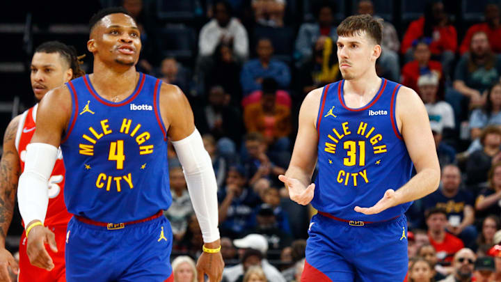 Denver Nuggets guard Russell Westbrook (4) and forward Vlatko Cancar (31) react during the second half against the Memphis Grizzlies at FedExForum. Mandatory Credit: Petre Thomas-Imagn Images Denver Nuggets guard Russell Westbrook (4) and forward Vlatko Cancar (31) react during the second half against the Memphis Grizzlies at FedExForum. Mandatory Credit: Petre Thomas-Imagn Images