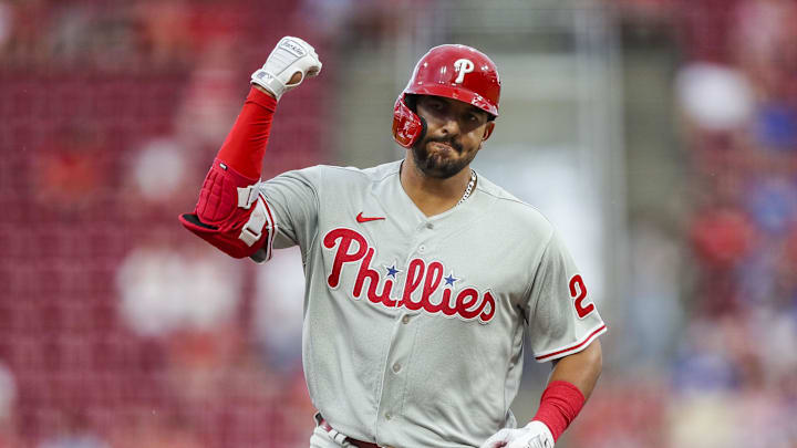 Aug 16, 2022; Cincinnati, Ohio, USA; Philadelphia Phillies first baseman Darick Hall (25) reacts after hitting a solo home run in the third inning against the Cincinnati Reds at Great American Ball Park. Mandatory Credit: Katie Stratman-Imagn Images