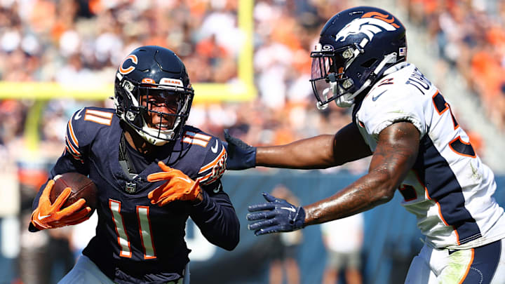 Oct 1, 2023; Chicago, Illinois, USA; Chicago Bears wide receiver Darnell Mooney (11) runs the ball