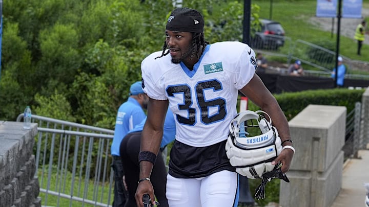 Jul 30, 2024; Charlotte, NC, USA; Carolina Panthers safety Demani Richardson (36) walks to practice at Carolina Panthers Practice Fields. Mandatory Credit: Jim Dedmon-USA TODAY Sports
