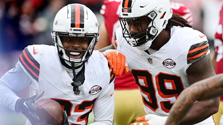 Oct 15, 2023; Cleveland, Ohio, USA; Cleveland Browns cornerback Martin Emerson Jr. (23) celebrates his first INT