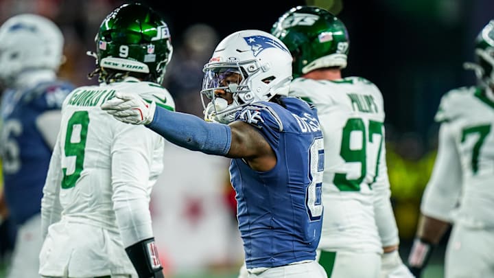 Nov 13, 2025; Foxborough, Massachusetts, USA; New England Patriots wide receiver Stefon Diggs (8) reacts after a first down play against the New York Jets in the fourth quarter at Gillette Stadium. Mandatory Credit: David Butler II-Imagn Images