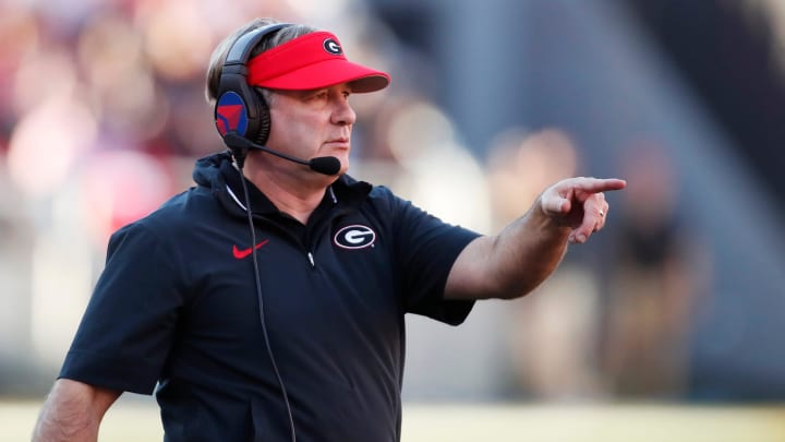 Georgia coach Kirby Smart on the sideline during the first half of a NCAA college football game against Missouri in Athens, Ga., on Saturday, Nov. 4, 2023. Georgia coach Kirby Smart on the sideline during the first half of a NCAA college football game against Missouri in Athens, Ga., on Saturday, Nov. 4, 2023.