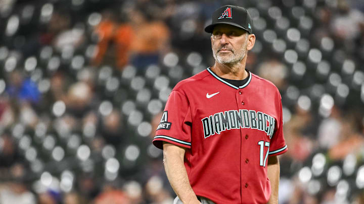 Apr 13, 2026; Baltimore, Maryland, USA;  Arizona Diamondbacks manager Torey Lovullo (17) walks on the field during a pitch change in the sixth inning against the Baltimore Orioles at Oriole Park at Camden Yards. Mandatory Credit: Tommy Gilligan-Imagn Images