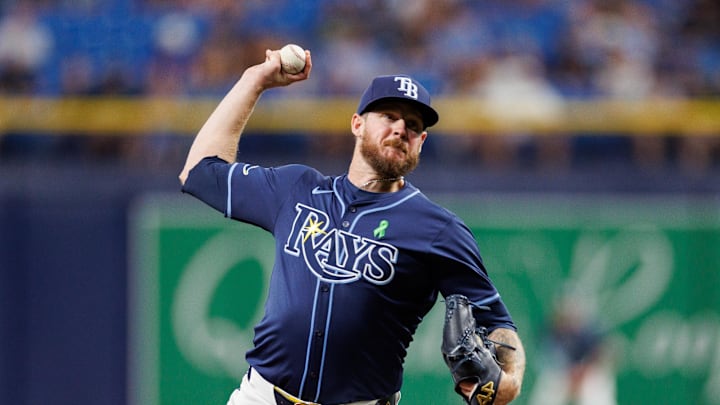 May 28, 2024; St. Petersburg, Florida, USA;  Tampa Bay Rays pitcher Chris Devenski (48) throws a pitch against the Oakland Athletics in the eighth inning at Tropicana Field. Mandatory Credit: Nathan Ray Seebeck-Imagn Images