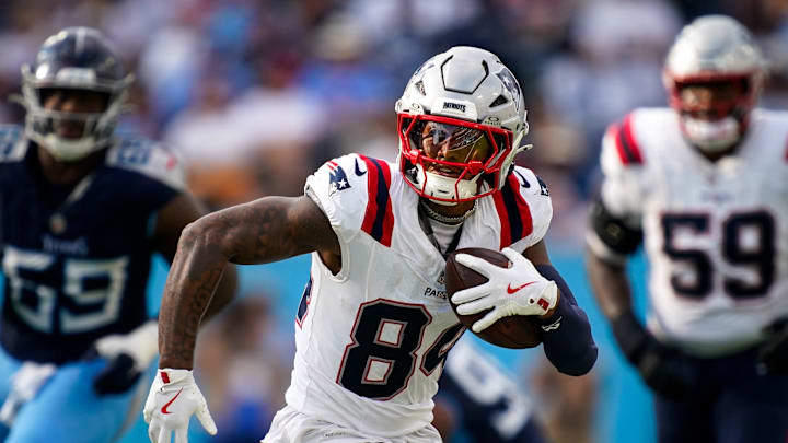 New England Patriots wide receiver Kendrick Bourne (84) runs the ball against the Tennessee Titans during the fourth quarter at Nissan Stadium in Nashville, Tenn., Sunday, Nov. 3, 2024. New England Patriots wide receiver Kendrick Bourne (84) runs the ball against the Tennessee Titans during the fourth quarter at Nissan Stadium in Nashville, Tenn., Sunday, Nov. 3, 2024.