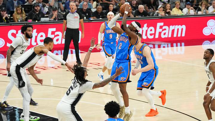 May 24, 2026; San Antonio, Texas, USA; Oklahoma City Thunder guard Shai Gilgeous-Alexander (2) shoots in the second quarter against the San Antonio Spurs during game four of the western conference finals for the 2026 NBA playoffs at Frost Bank Center. Mandatory Credit: Scott Wachter-Imagn Images
