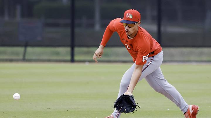 Feb 19, 2026; West Palm Beach, FL, USA;  Washington Nationals infielder Seaver King (66) fields the ball during spring training workouts at CACTI Park of the Palm Beaches. Mandatory Credit: Reinhold Matay-Imagn Images
