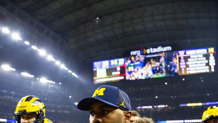 Jan 8, 2024; Houston, TX, USA; Michigan Wolverines offensive coordinator Sherrone Moore against the