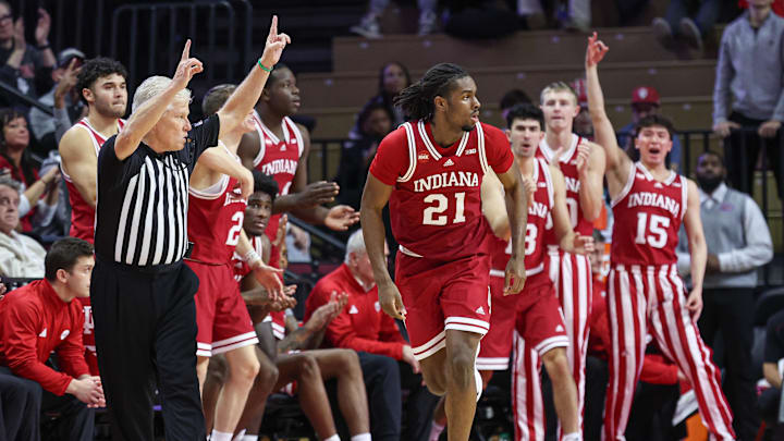 Jan 9, 2024; Piscataway, New Jersey, USA; Indiana Hoosiers forward Mackenzie Mgbako (21) runs up court after making three point basket during the second half at Jersey Mike's Arena. Mandatory Credit: Vincent Carchietta-Imagn Images