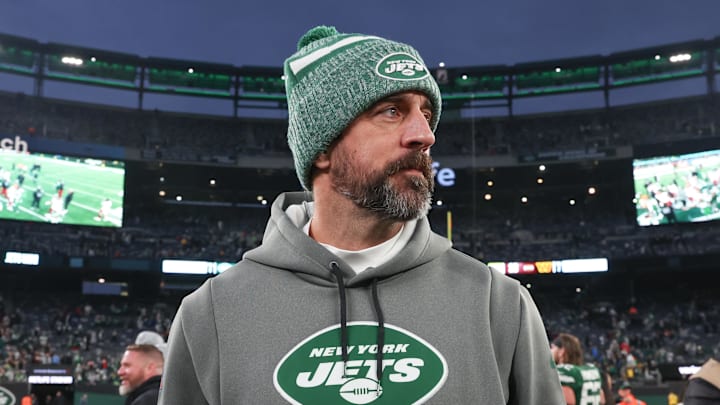 Dec 24, 2023; East Rutherford, New Jersey, USA; New York Jets quarterback Aaron Rodgers (8) on the