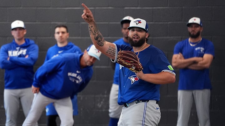 Feb 18, 2024; Dunedin, FL, USA; Toronto Blue Jays pitcher Alek Manoah (6) gestures after pitching