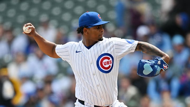 Apr 11, 2026; Chicago, Illinois, USA; Chicago Cubs pitcher Edward Cabrera (30) pitches against the Pittsburgh Pirates during the first inning at Wrigley Field. Mandatory Credit: Patrick Gorski-Imagn Images