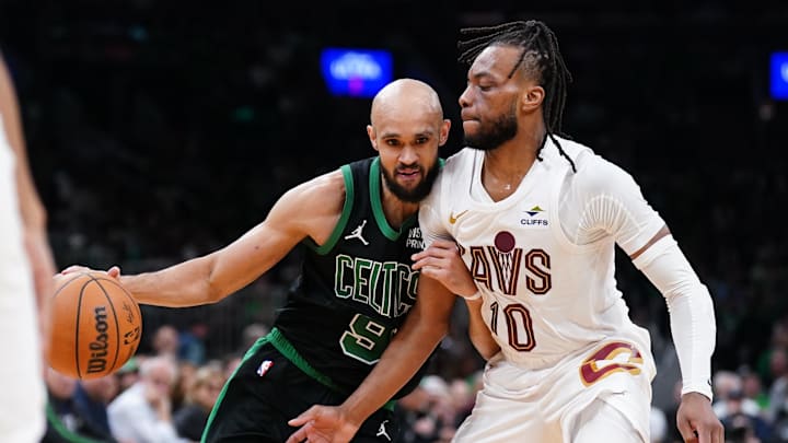 May 15, 2024; Boston, Massachusetts, USA; Boston Celtics guard Derrick White (9) drives the ball against Cleveland Cavaliers guard Darius Garland (10) in the third quarter during game five of the second round for the 2024 NBA playoffs at TD Garden. Mandatory Credit: David Butler II-Imagn Images