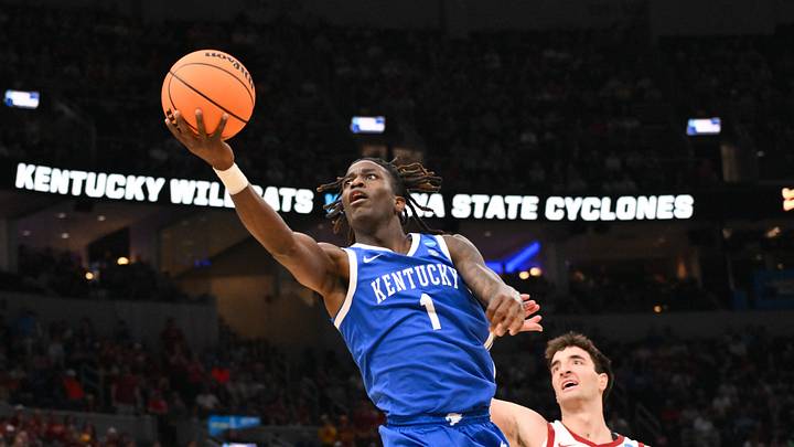 Mar 22, 2026; St. Louis, MO, USA; Kentucky Wildcats guard Denzel Aberdeen (1) shoots a lay up as Iowa State Cyclones forward Milan Momcilovic (22) defends during the second half during a second round game of the men's 2026 NCAA Tournament at Enterprise Center. Mandatory Credit: Jeff Curry-Imagn Images Mar 22, 2026; St. Louis, MO, USA; Kentucky Wildcats guard Denzel Aberdeen (1) shoots a lay up as Iowa State Cyclones forward Milan Momcilovic (22) defends during the second half during a second round game of the men's 2026 NCAA Tournament at Enterprise Center. Mandatory Credit: Jeff Curry-Imagn Images