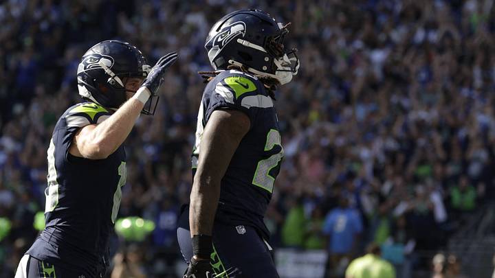 Oct 4, 2026; Seattle, Washington, USA; Seattle Seahawks running back Emanuel Wilson (23) celebrates after running for a touchdown against the Los Angeles Chargers during the first half at Lumen Field. Mandatory Credit: Joe Nicholson-Imagn Images Oct 4, 2026; Seattle, Washington, USA; Seattle Seahawks running back Emanuel Wilson (23) celebrates after running for a touchdown against the Los Angeles Chargers during the first half at Lumen Field. Mandatory Credit: Joe Nicholson-Imagn Images
