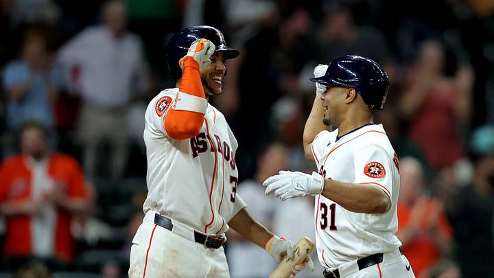 Houston Astros first baseman LaMonte Wade Jr. (31) and Jeremy Pena (3)  Credit: Erik Williams-Imagn Images