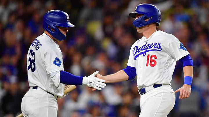 May 26, 2026; Los Angeles, California, USA; Los Angeles Dodgers catcher Will Smith (16) is greeted by pinch hitter Dalton Rushing (68) after scoring a run against the Colorado Rockies during the fifth inning at Dodger Stadium. Mandatory Credit: Gary A. Vasquez-Imagn Images May 26, 2026; Los Angeles, California, USA; Los Angeles Dodgers catcher Will Smith (16) is greeted by pinch hitter Dalton Rushing (68) after scoring a run against the Colorado Rockies during the fifth inning at Dodger Stadium. Mandatory Credit: Gary A. Vasquez-Imagn Images