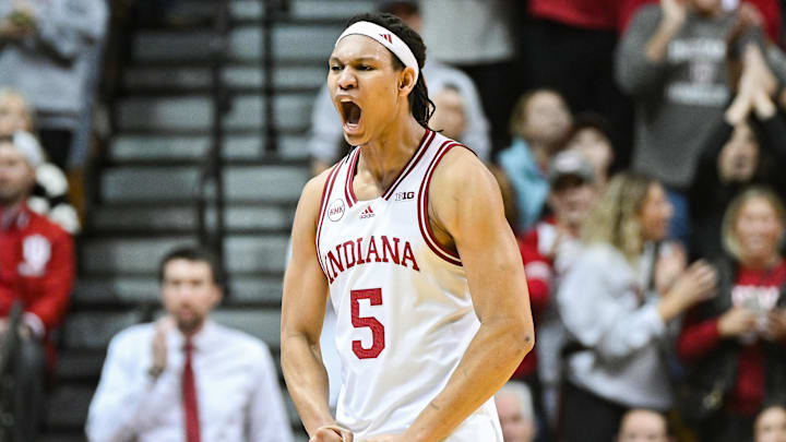 Jan 6, 2024; Bloomington, Indiana, USA; Indiana Hoosiers forward Malik Reneau (5) celebrates against